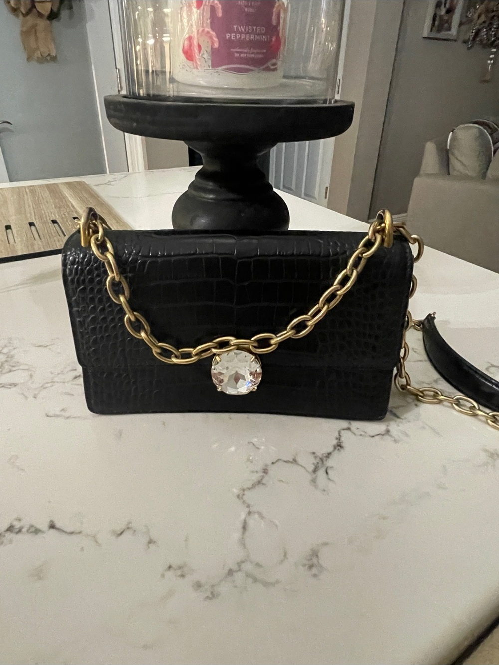 Miu Miu Croc-Embossed Crystal Chain Shoulder Bag Gold Chain and Crystal Accent